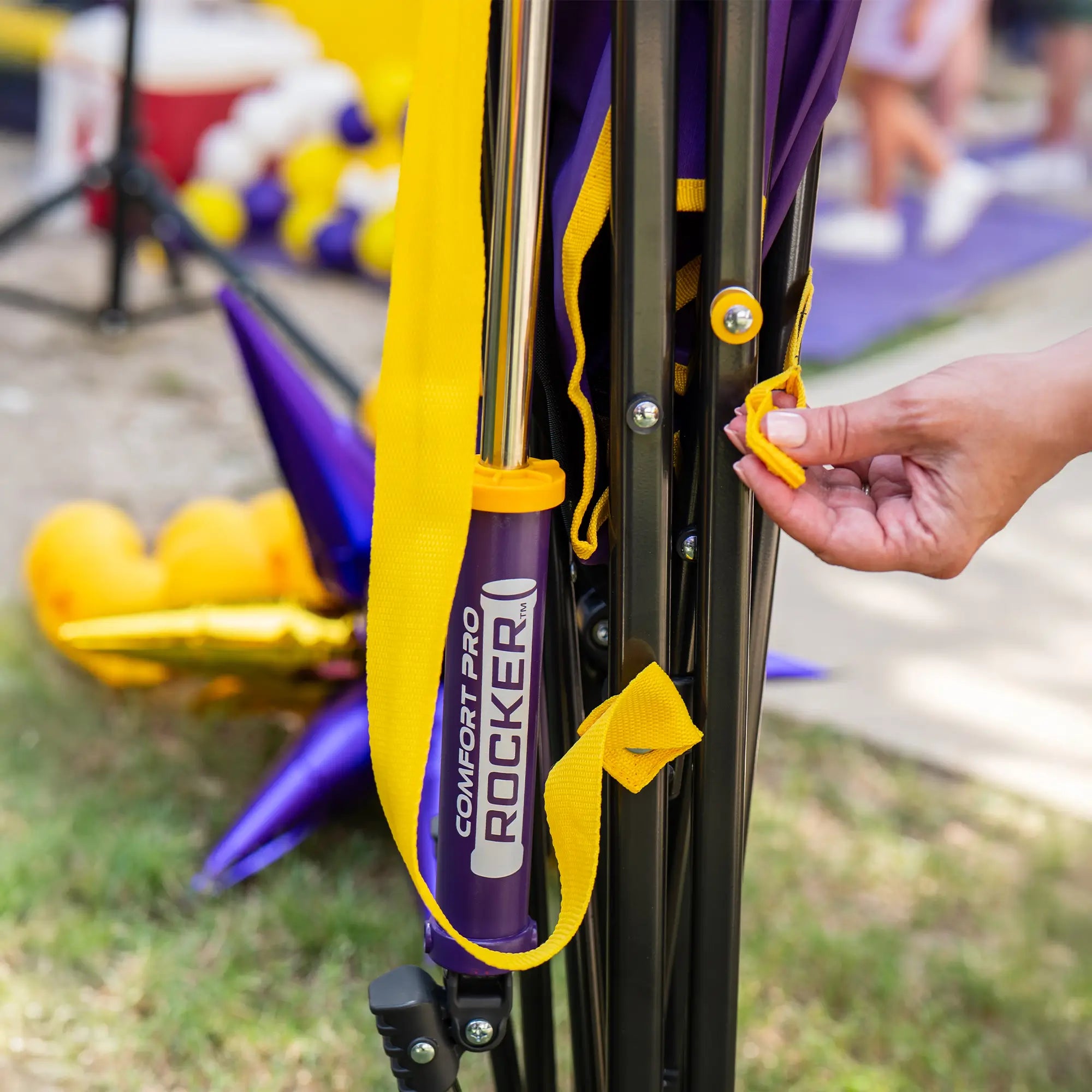 Luxury Camp College Comfort Pro Rocker - LSU Tigers - Choice 880 - Heavy-Duty Kickback Rocker with Beverage Holder Detail