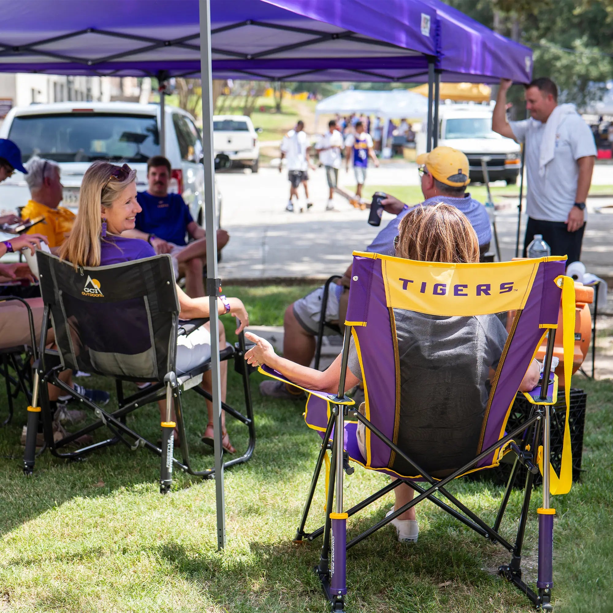Luxury Camp College Comfort Pro Rocker - LSU Tigers - Choice 880 - Heavy-Duty Kickback Rocker with Beverage Holder Detail