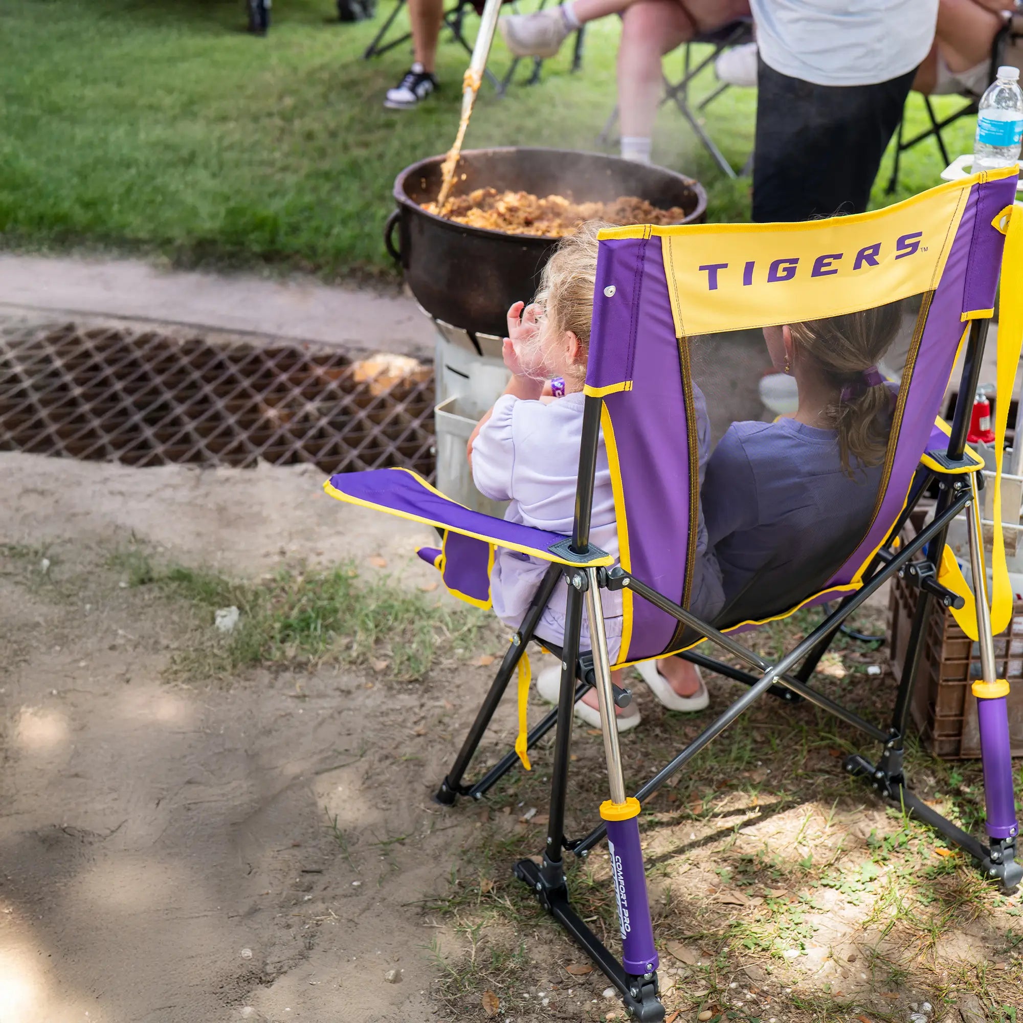 Luxury Camp College Comfort Pro Rocker - LSU Tigers - Choice 880 - Heavy-Duty Kickback Rocker with Beverage Holder Detail