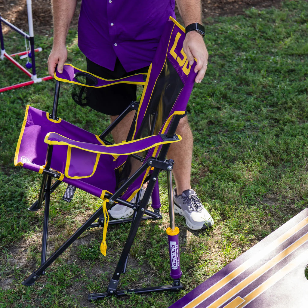 Luxury Camp College Comfort Pro Rocker - LSU Tigers - Choice 880 - Heavy-Duty Kickback Rocker with Beverage Holder Detail