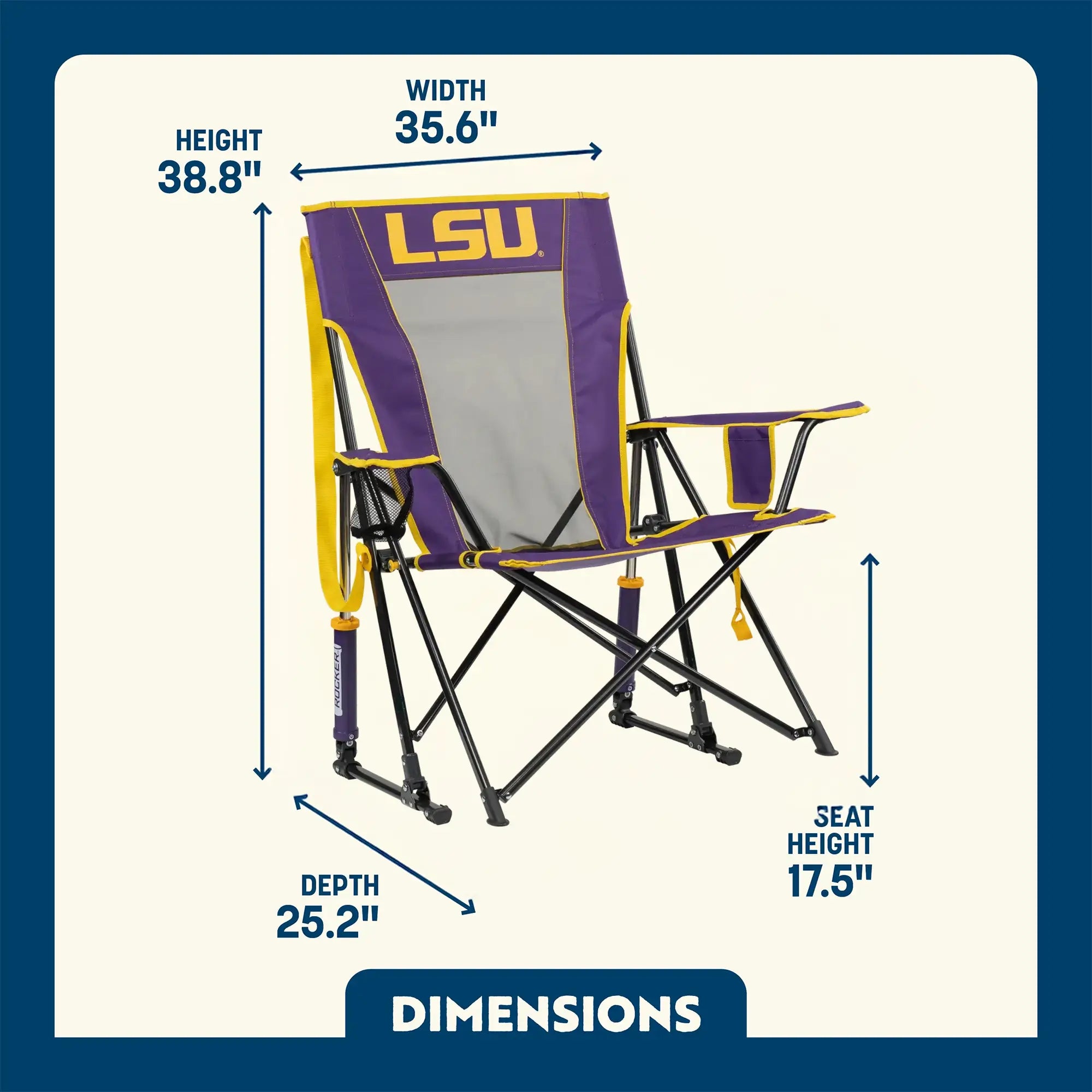 Luxury Camp College Comfort Pro Rocker - LSU Tigers - Choice 880 - Heavy-Duty Kickback Rocker with Beverage Holder Detail