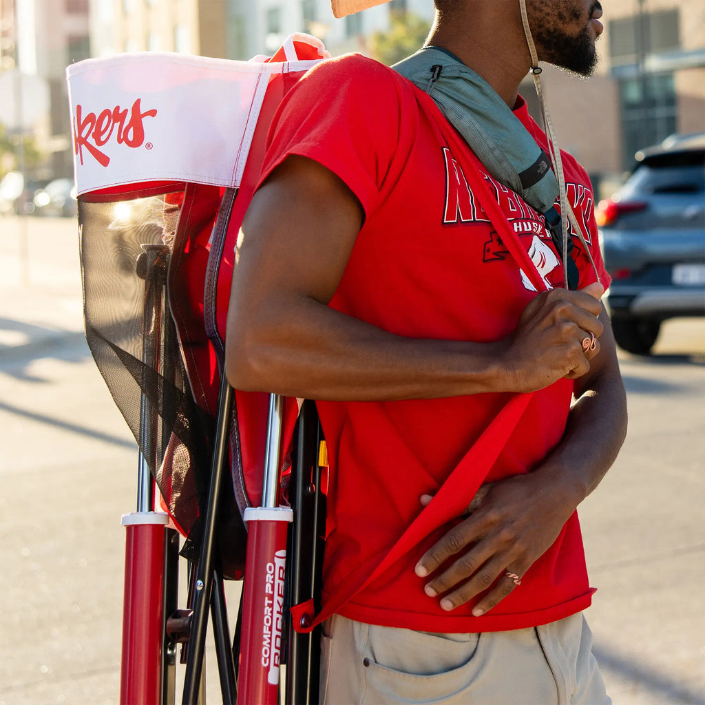 Luxury Camp College Comfort Pro Rocker - Nebraska Cornhuskers - Choice 161 - Heavy-Duty Kickback Rocker with Beverage Holder Detail