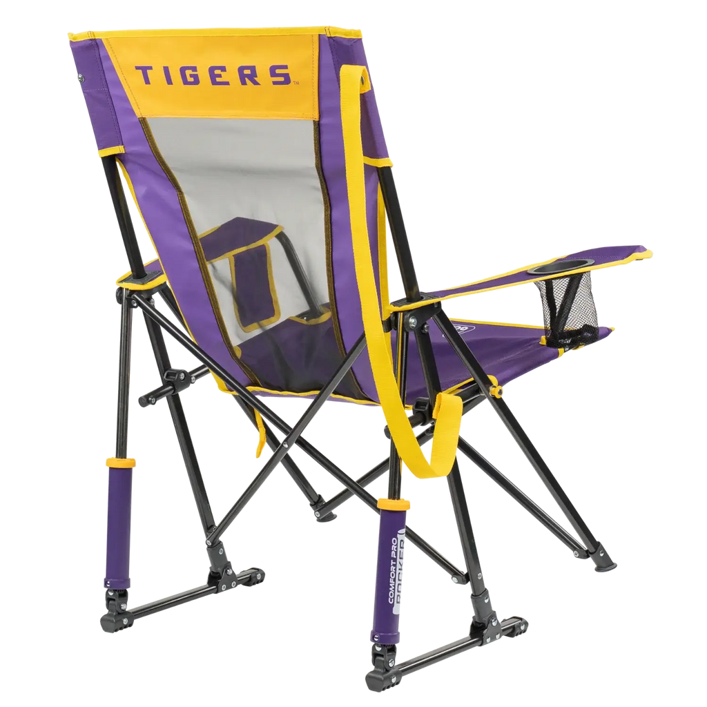 Luxury Camp College Comfort Pro Rocker - LSU Tigers - Choice 880 - Heavy-Duty Kickback Rocker with Beverage Holder Detail
