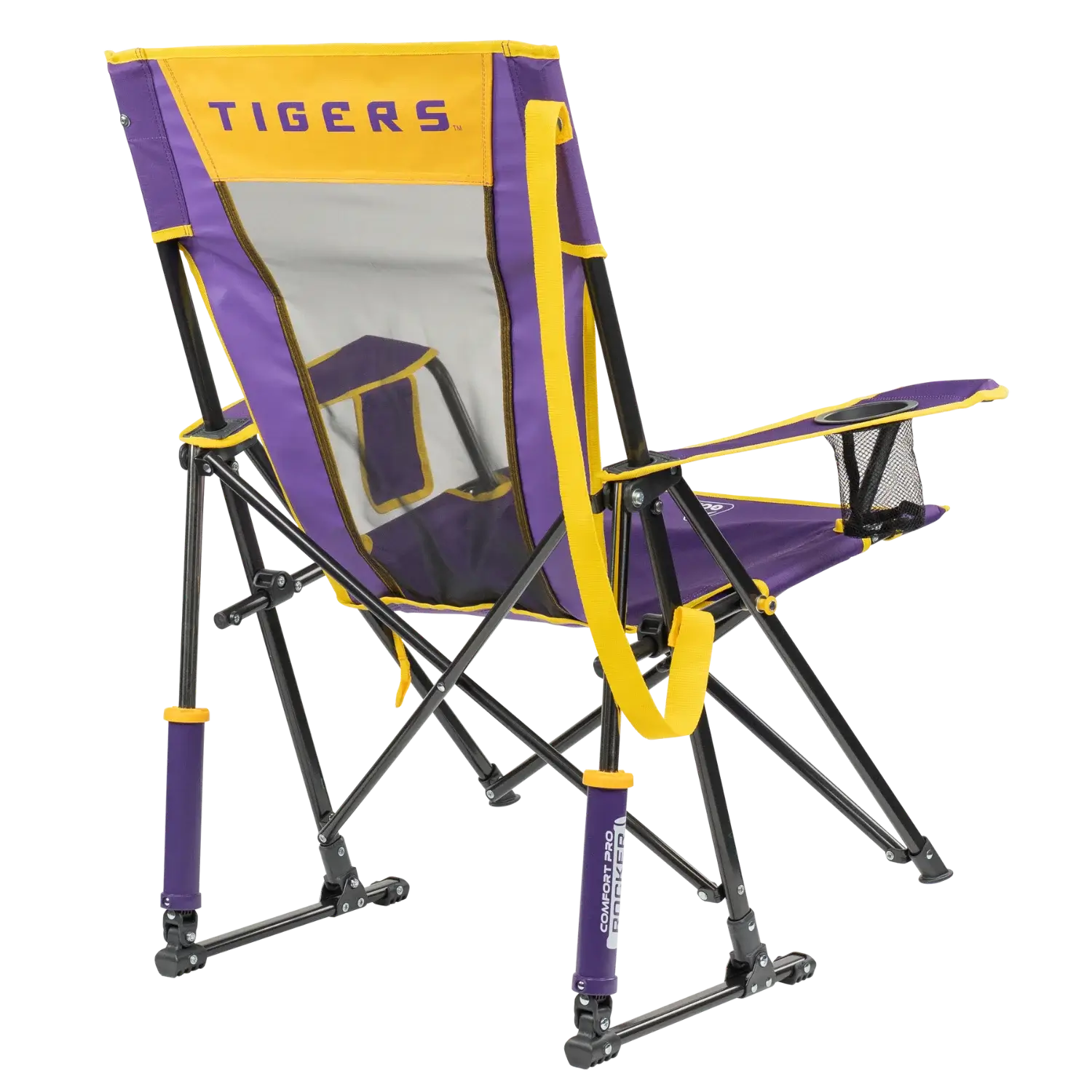 Luxury Camp College Comfort Pro Rocker - LSU Tigers - Choice 880 - Heavy-Duty Kickback Rocker with Beverage Holder Detail