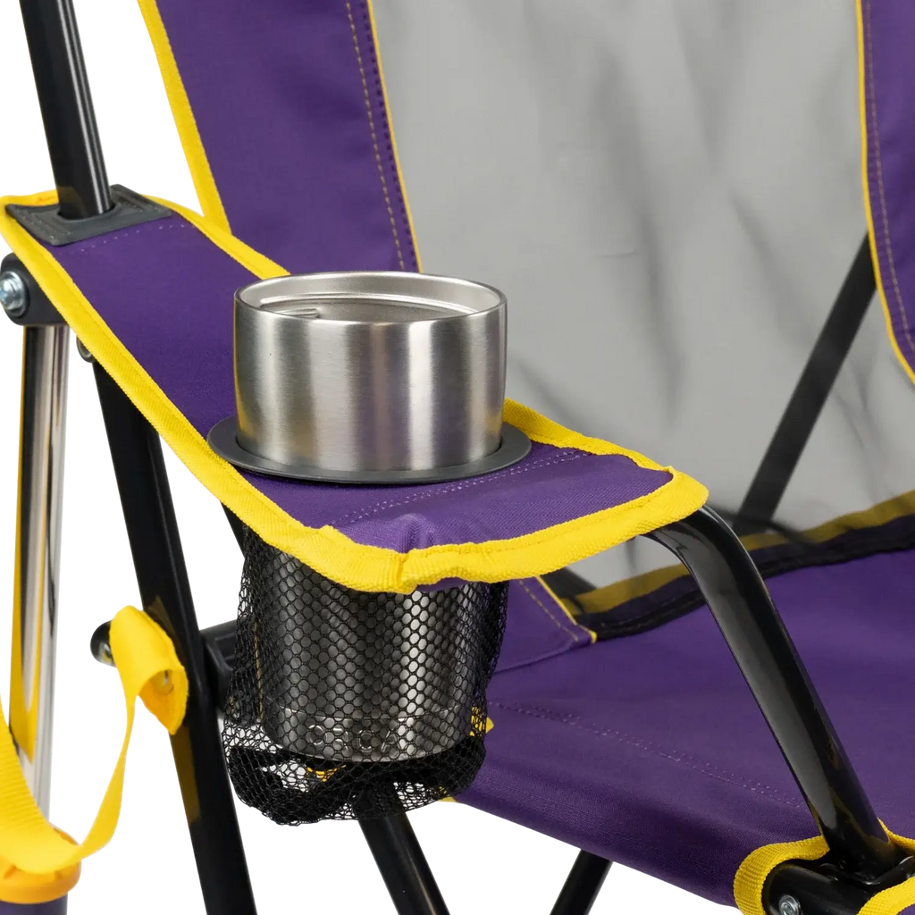 Luxury Camp College Comfort Pro Rocker - LSU Tigers - Choice 880 - Heavy-Duty Kickback Rocker with Beverage Holder Detail