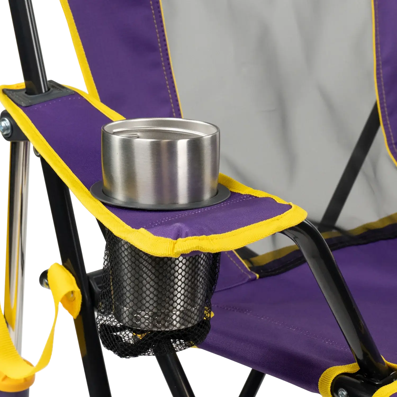 Luxury Camp College Comfort Pro Rocker - LSU Tigers - Choice 880 - Heavy-Duty Kickback Rocker with Beverage Holder Detail
