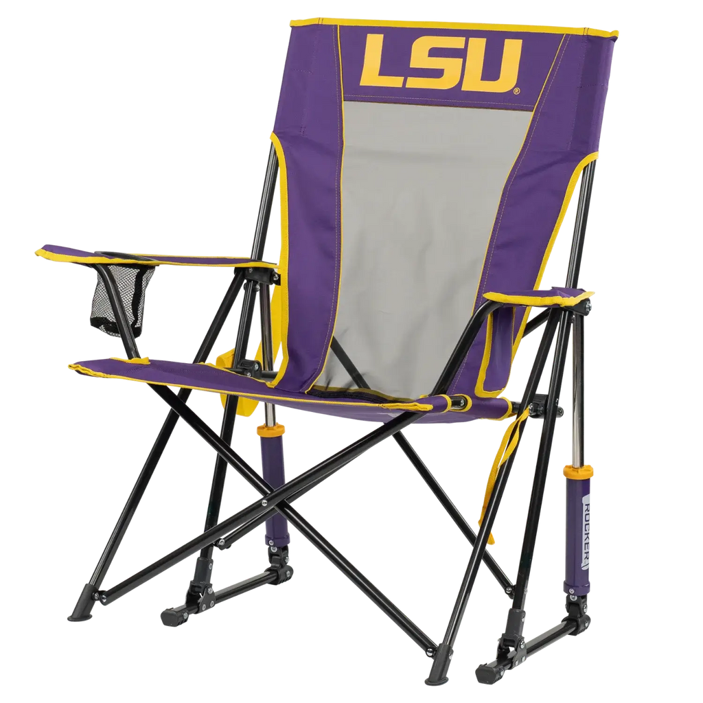 Luxury Camp College Comfort Pro Rocker - LSU Tigers - Choice 880 - Heavy-Duty Kickback Rocker with Beverage Holder Detail