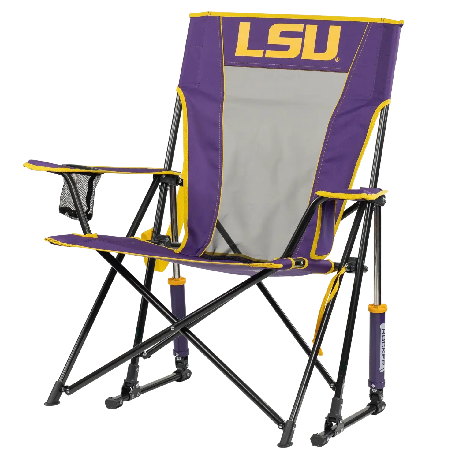 Luxury Camp College Comfort Pro Rocker - LSU Tigers - Choice 880 - Heavy-Duty Kickback Rocker with Beverage Holder Detail