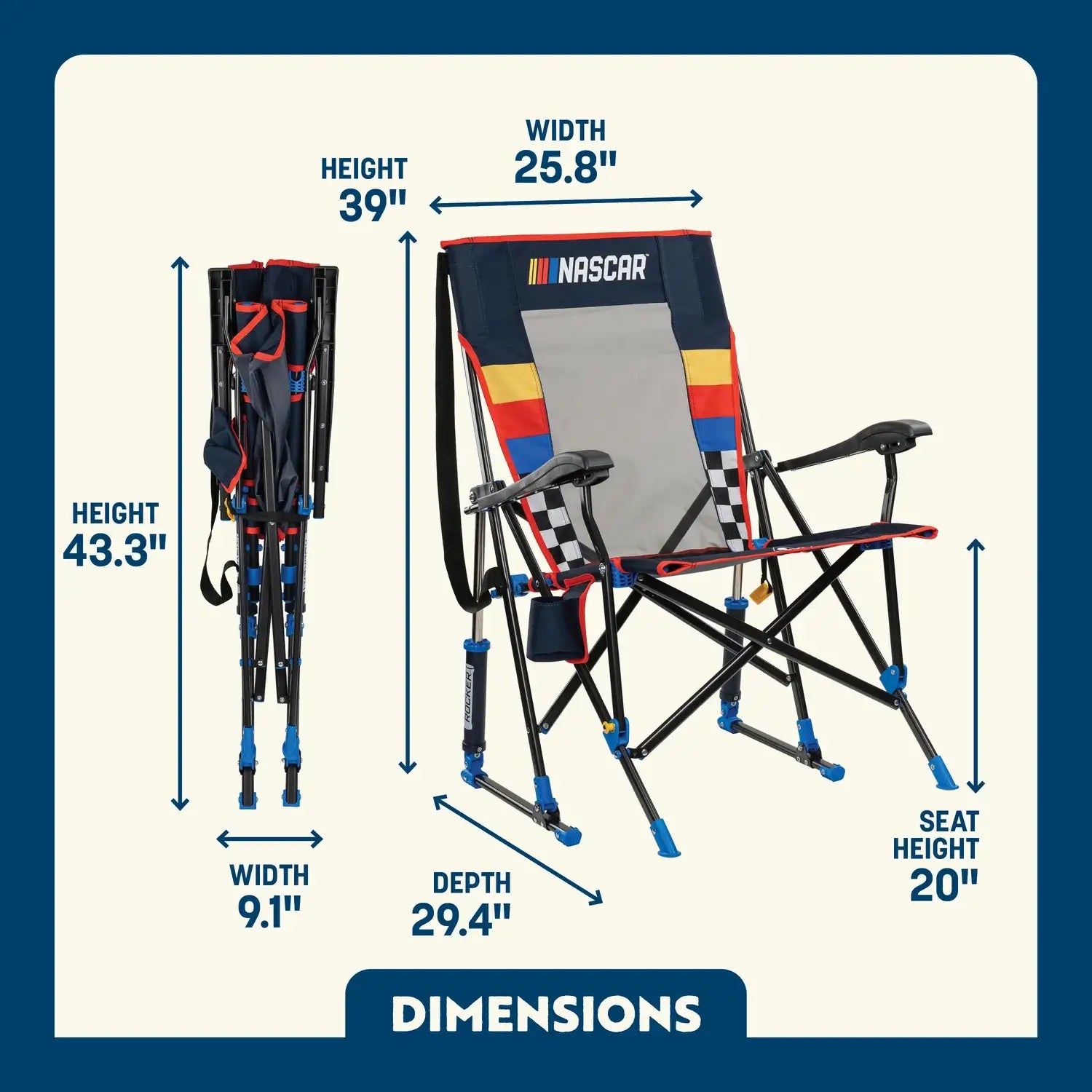 Heavy-Duty Freestyle RoadTrip Rocker - NASCAR For Him - Choice 453 - Patented Spring-Action Rocking Chair for Camping Detail